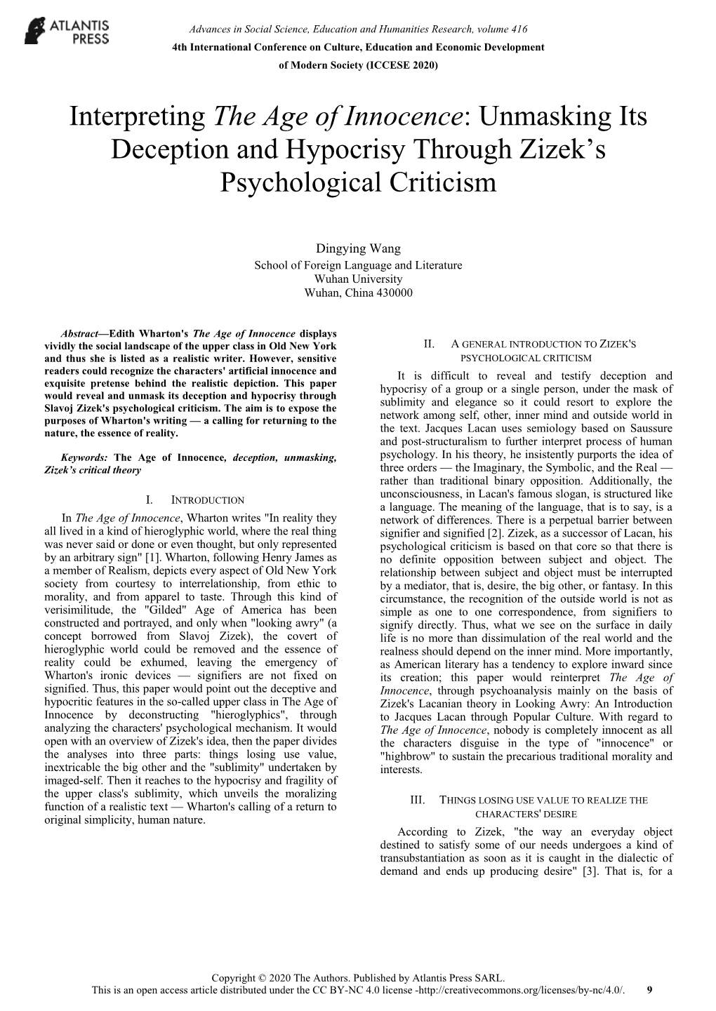 Interpreting the Age of Innocence: Unmasking Its Deception and Hypocrisy Through Zizek’S Psychological Criticism