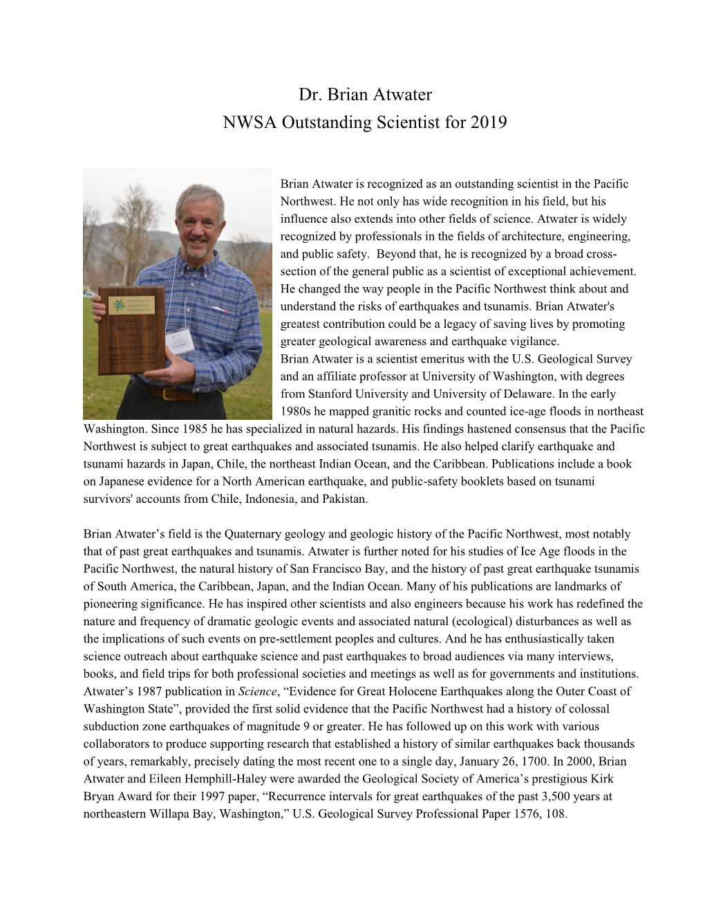 Dr. Brian Atwater NWSA Outstanding Scientist for 2019