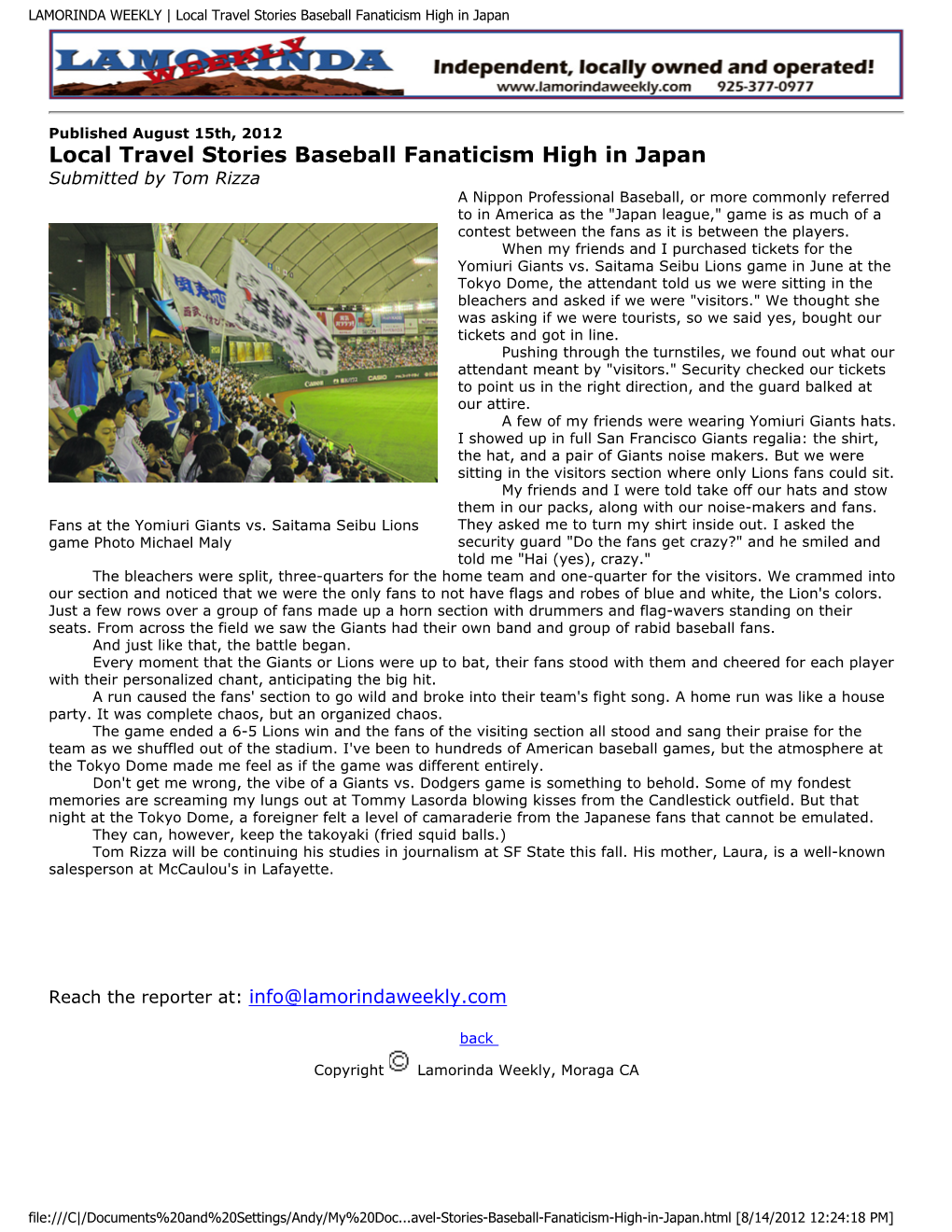 Local Travel Stories Baseball Fanaticism High in Japan