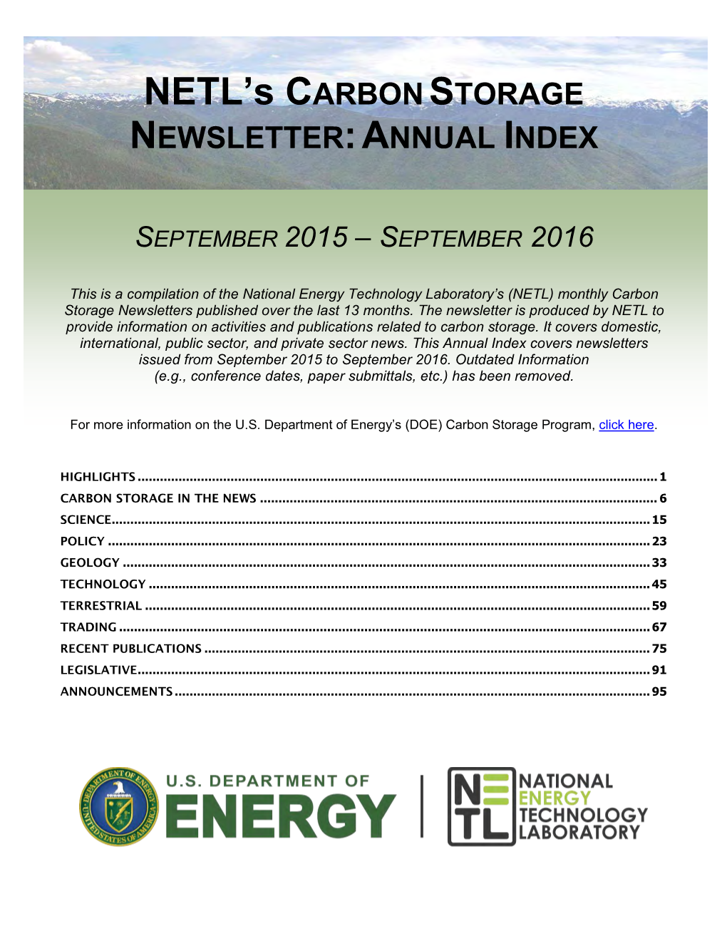 NETL's CARBONSTORAGE NEWSLETTER:ANNUAL INDEX