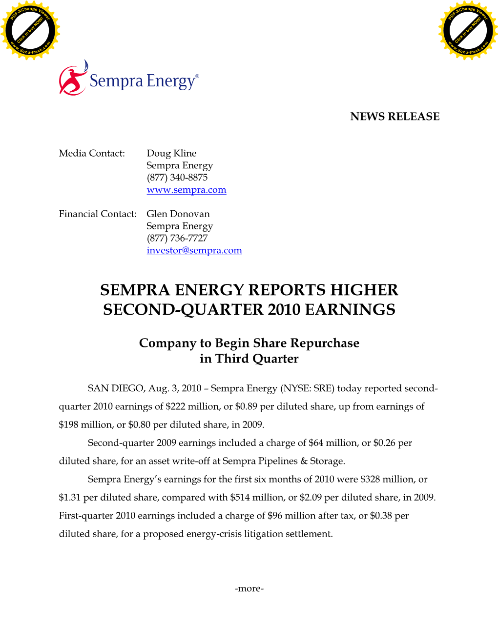 Sempra Energy Announces Financial Restructuring