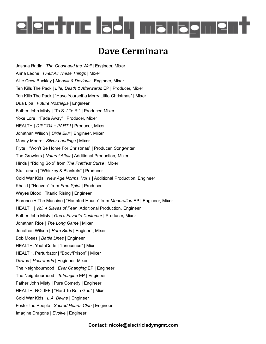 Dave Cerminara Discography