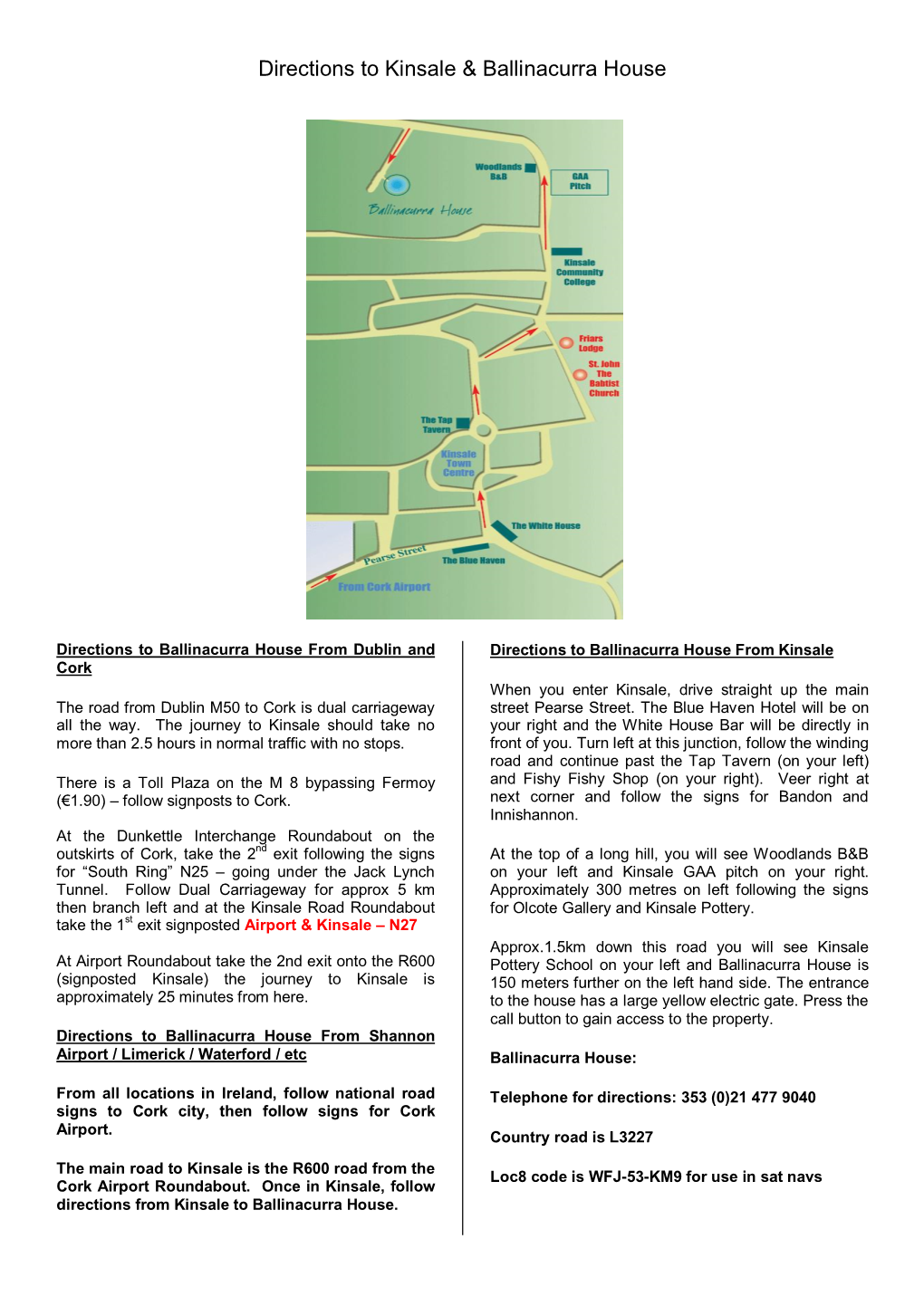 Directions to Kinsale & Ballinacurra House