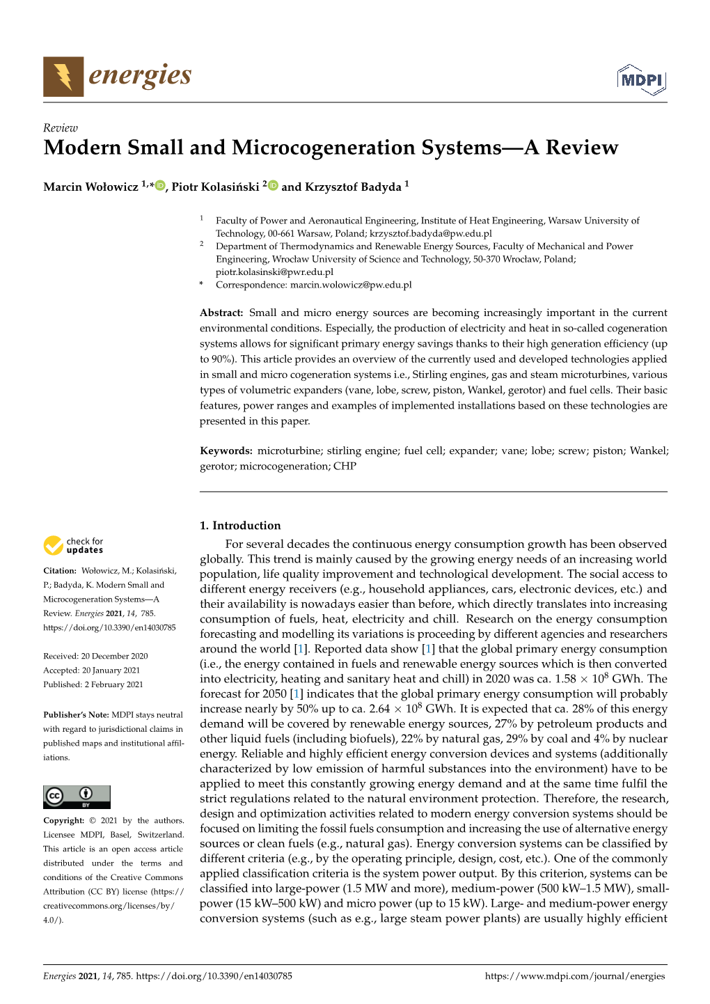 Modern Small and Microcogeneration Systems—A Review