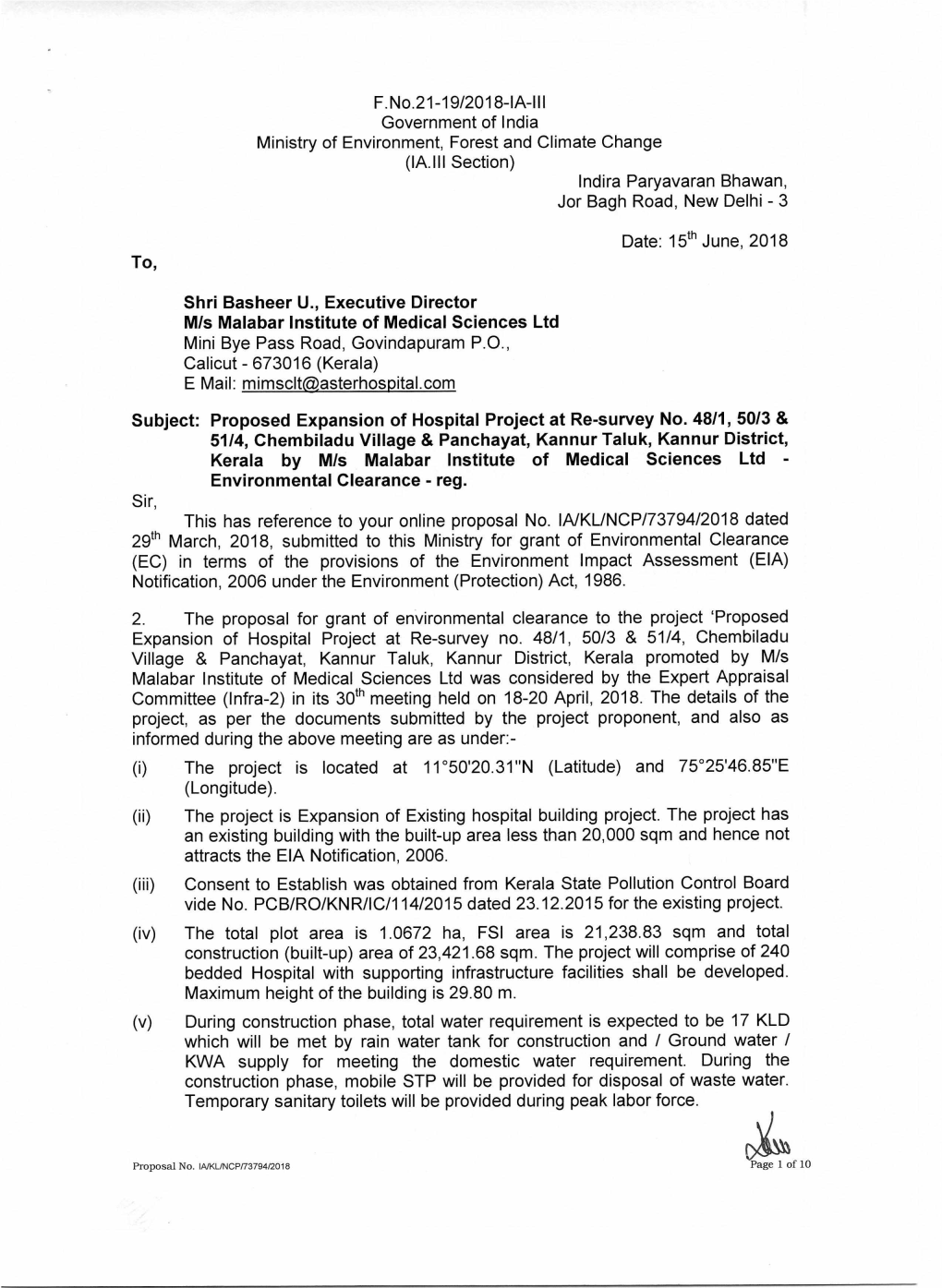 F.No.21-19/2018-1A-111 Government of India Ministry of Environment, Forest and Climate Change (IA.III Section) Indira Paryavaran Bhawan, Jor Bagh Road, New Delhi - 3