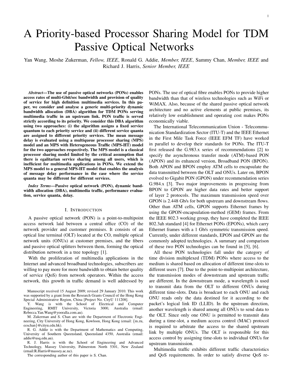 A Priority-Based Processor Sharing Model for TDM Passive Optical Networks Yan Wang, Moshe Zukerman, Fellow, IEEE, Ronald G