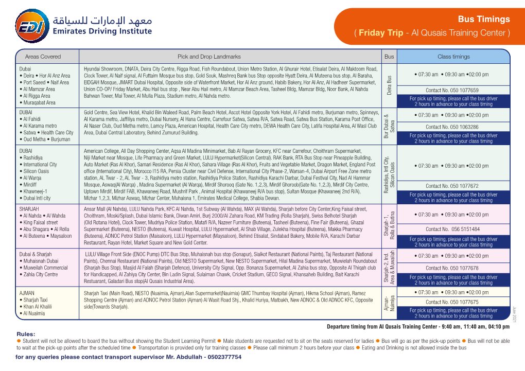 Bus Timings ( Friday Trip - Al Qusais Training Center )