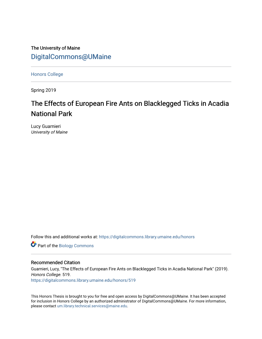 The Effects of European Fire Ants on Blacklegged Ticks in Acadia National Park