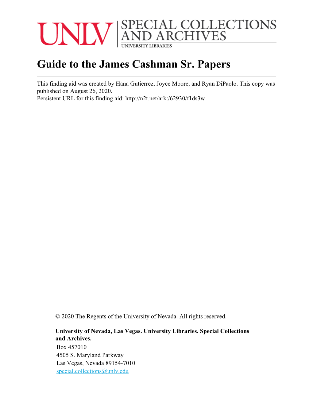 Guide to the James Cashman Sr. Papers