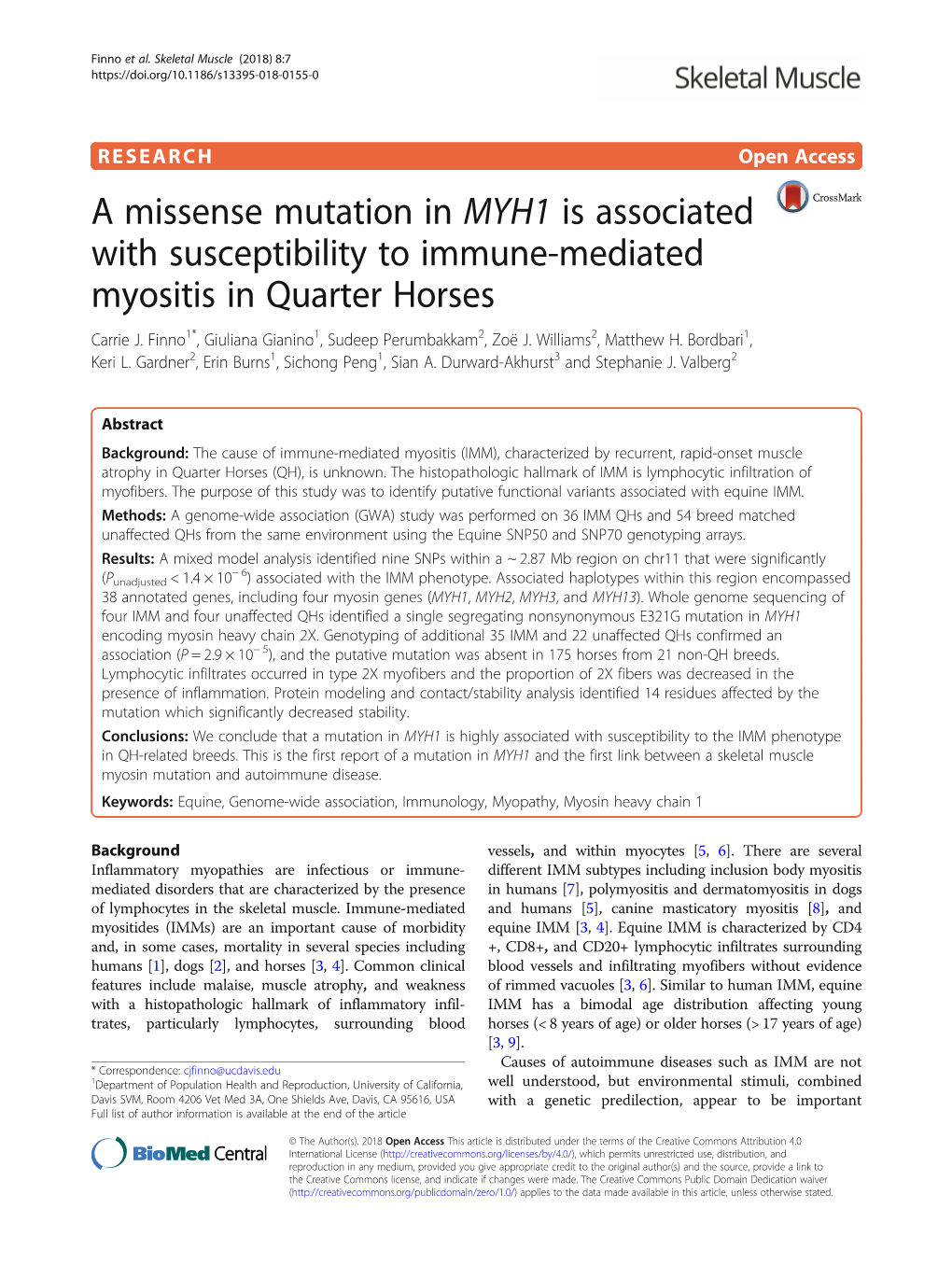 A Missense Mutation in MYH1 Is Associated with Susceptibility to Immune-Mediated Myositis in Quarter Horses Carrie J