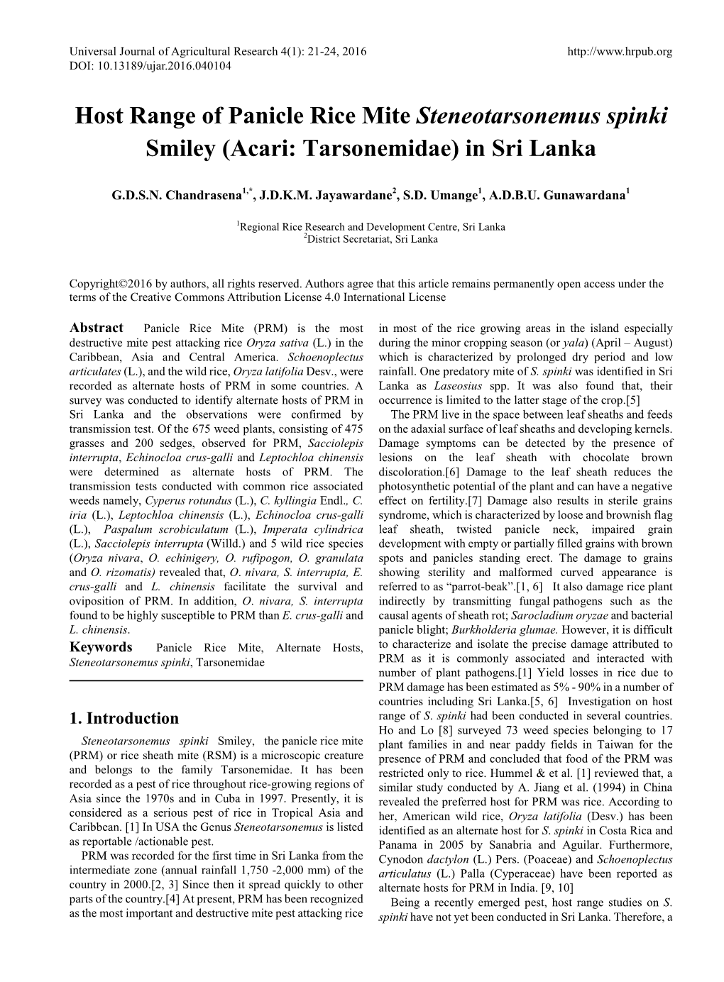 Host Range of Panicle Rice Mite Steneotarsonemus Spinki Smiley (Acari: Tarsonemidae) in Sri Lanka