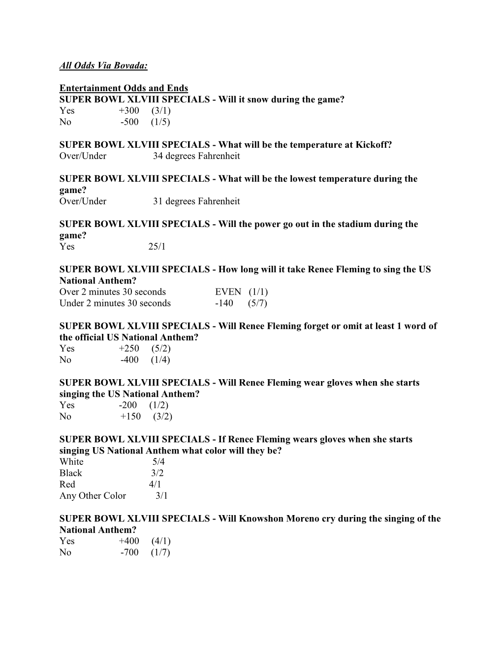 Entertainment Odds and Ends SUPER BOWL XLVIII SPECIALS - Will It Snow During the Game? Yes +300 (3/1) No -500 (1/5)