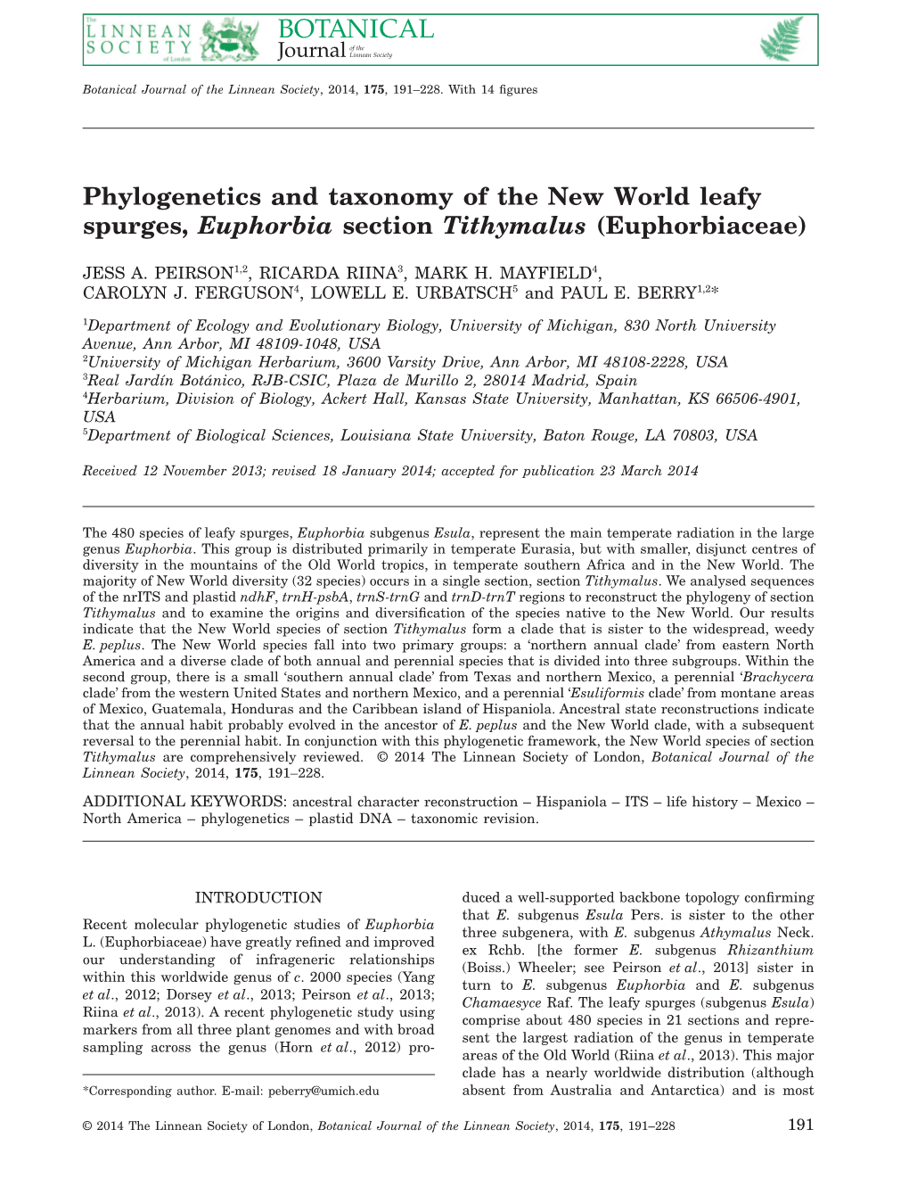 Phylogenetics and Taxonomy of the New World Leafy Spurges, Euphorbia Section Tithymalus (Euphorbiaceae)