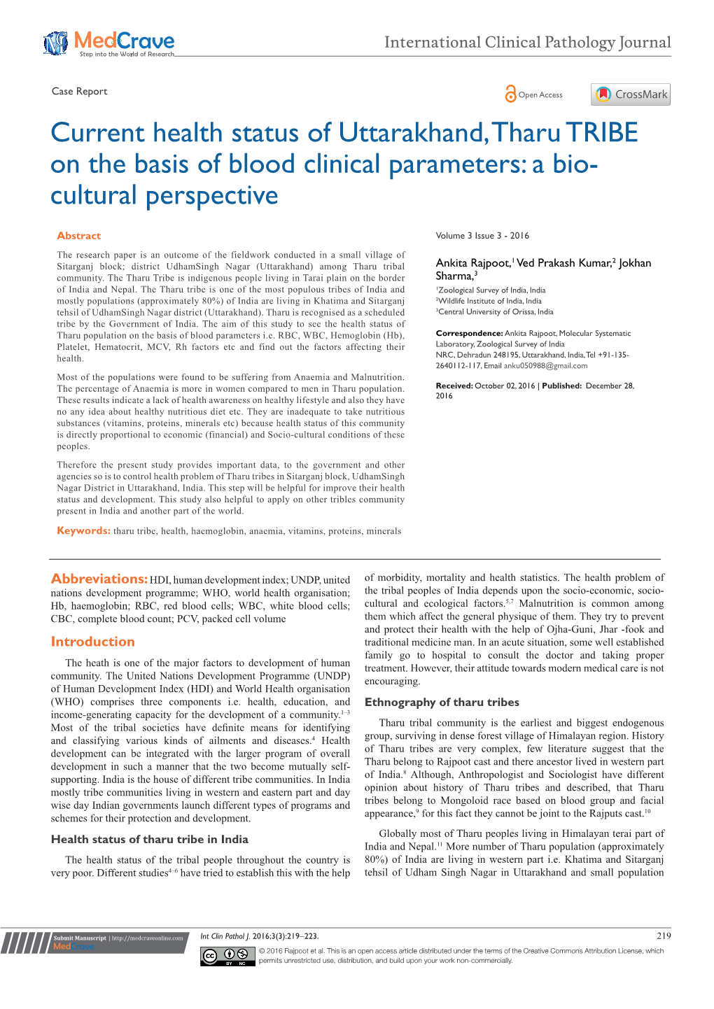 Current Health Status of Uttarakhand, Tharu TRIBE on the Basis of Blood Clinical Parameters: a Bio- Cultural Perspective