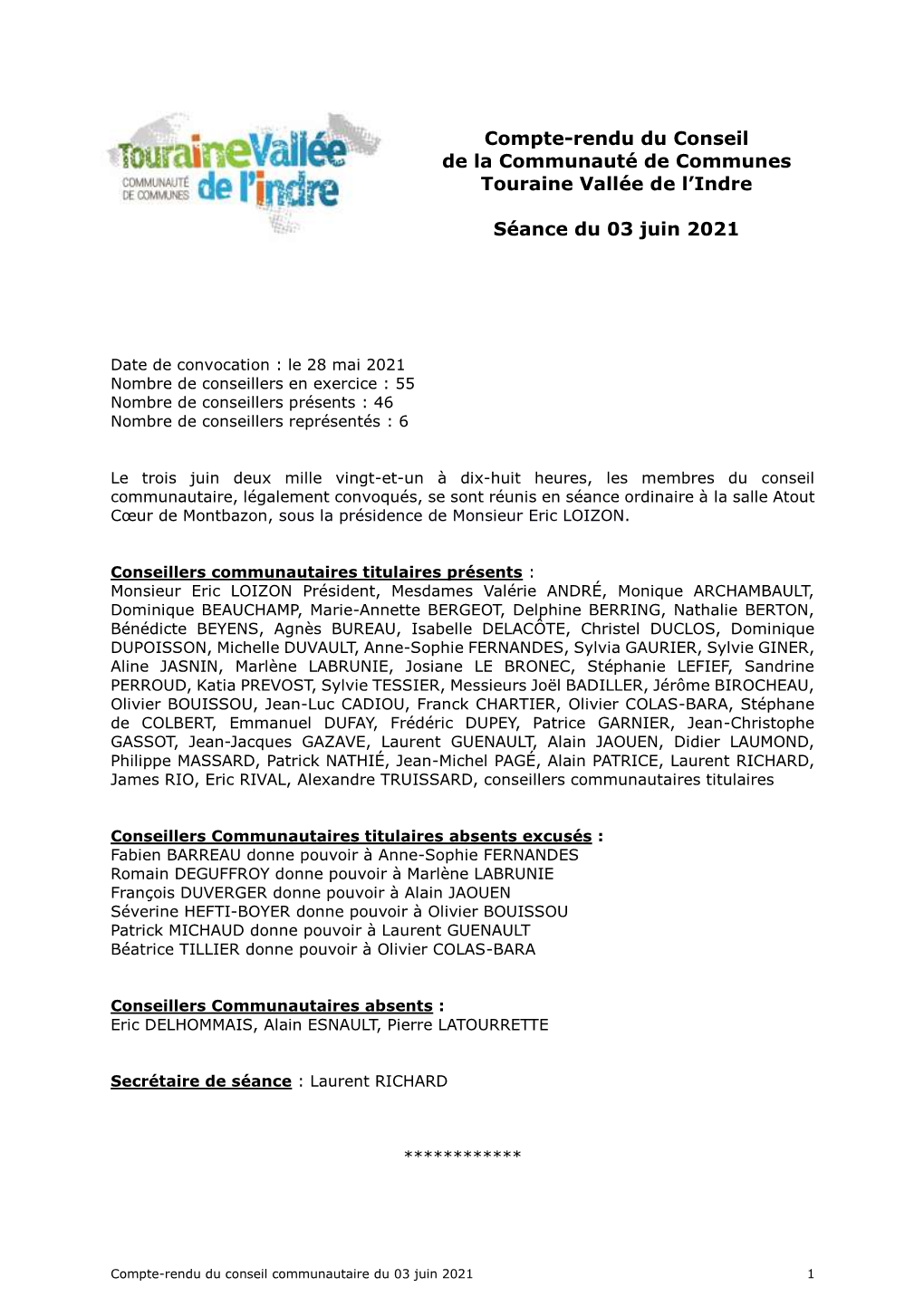 Compte-Rendu Du Conseil De La Communauté De Communes Touraine Vallée De L’Indre