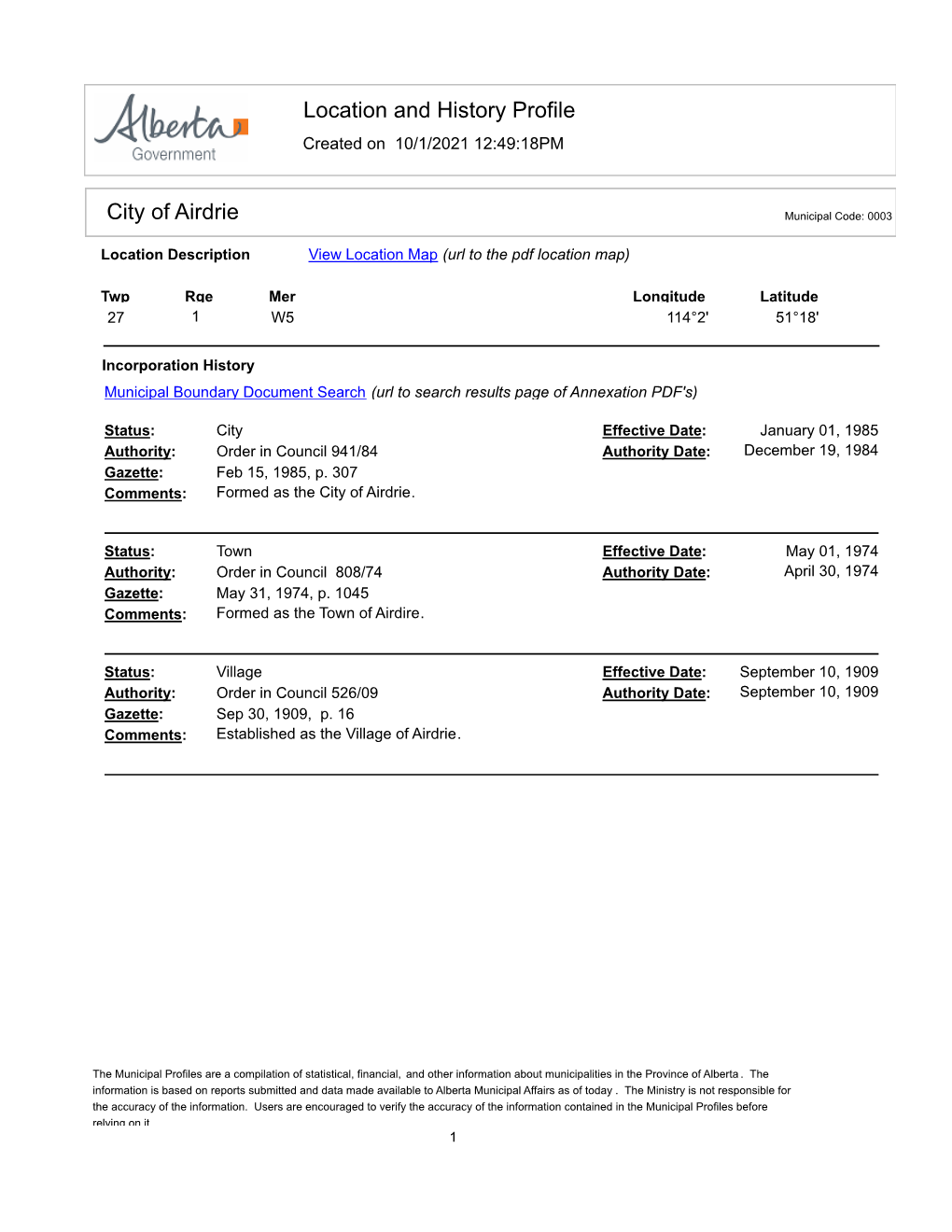 Location and History Profile City of Airdrie