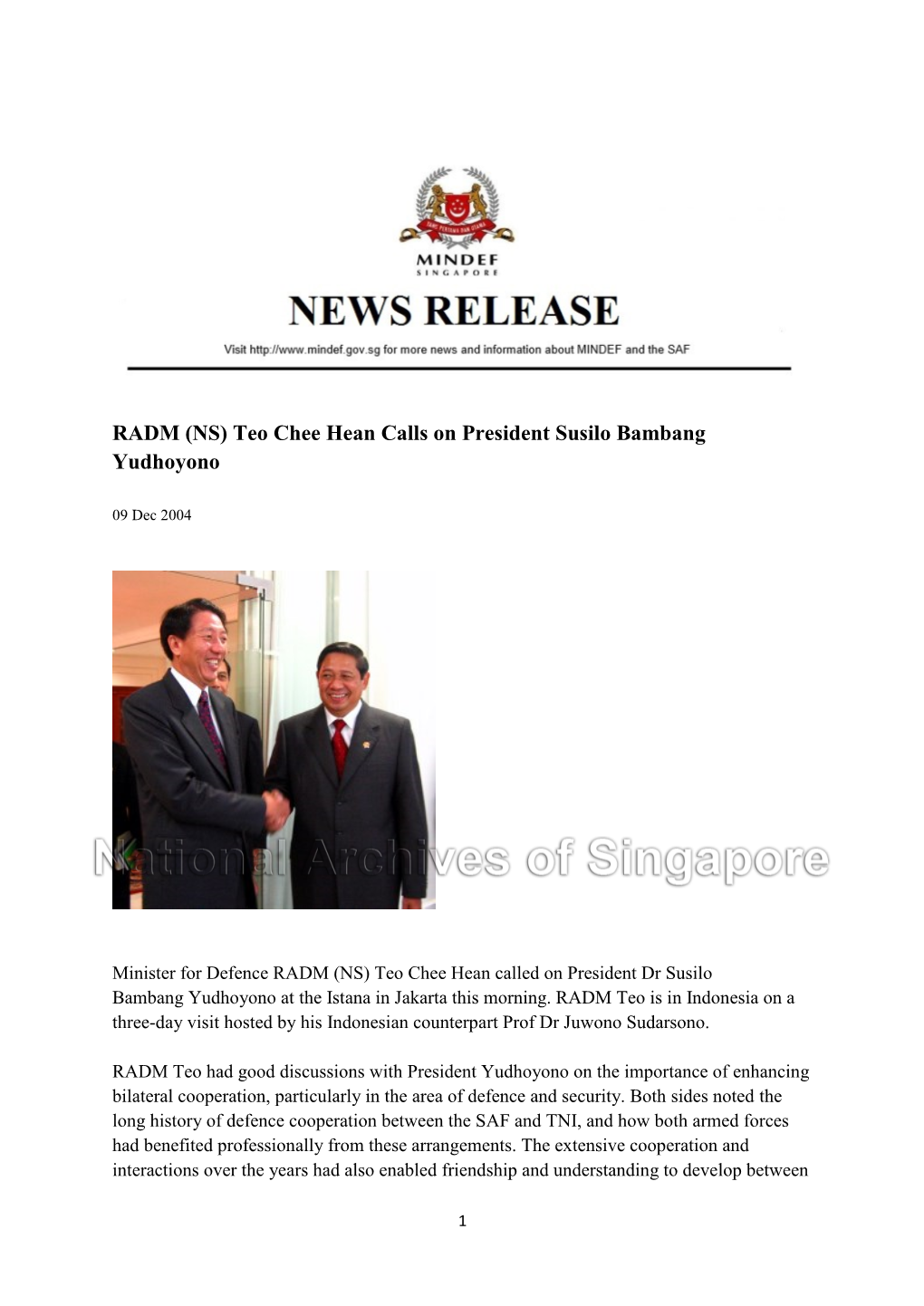 Teo Chee Hean Calls on President Susilo Bambang Yudhoyono