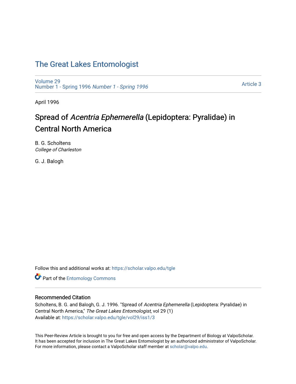 Spread of Acentria Ephemerella (Lepidoptera: Pyralidae) in Central North America