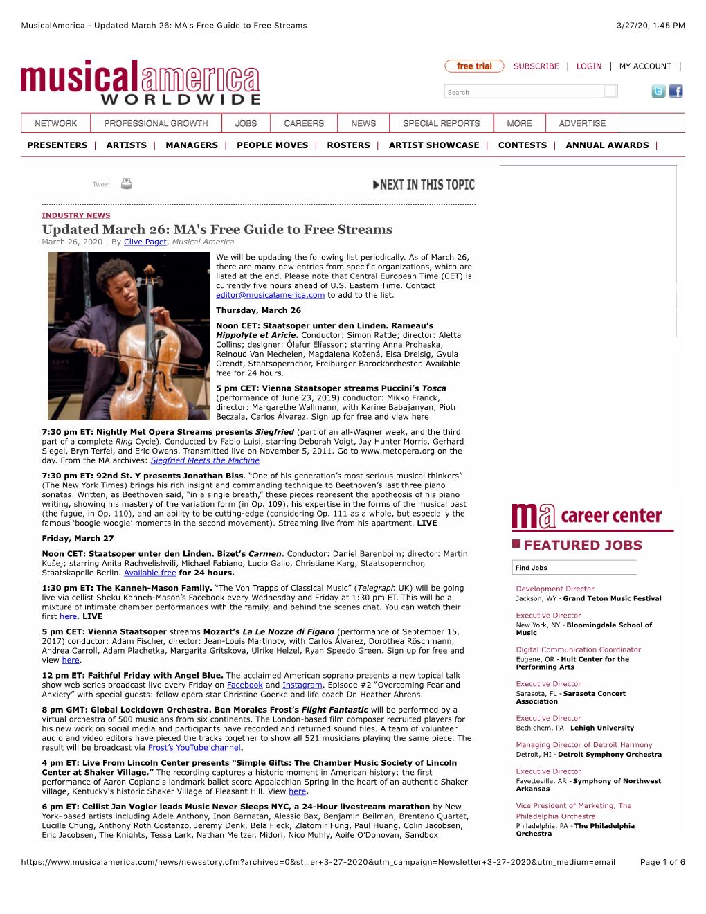 Musicalamerica - Updated March 26: MA's Free Guide to Free Streams 3/27/20, 1�45 PM