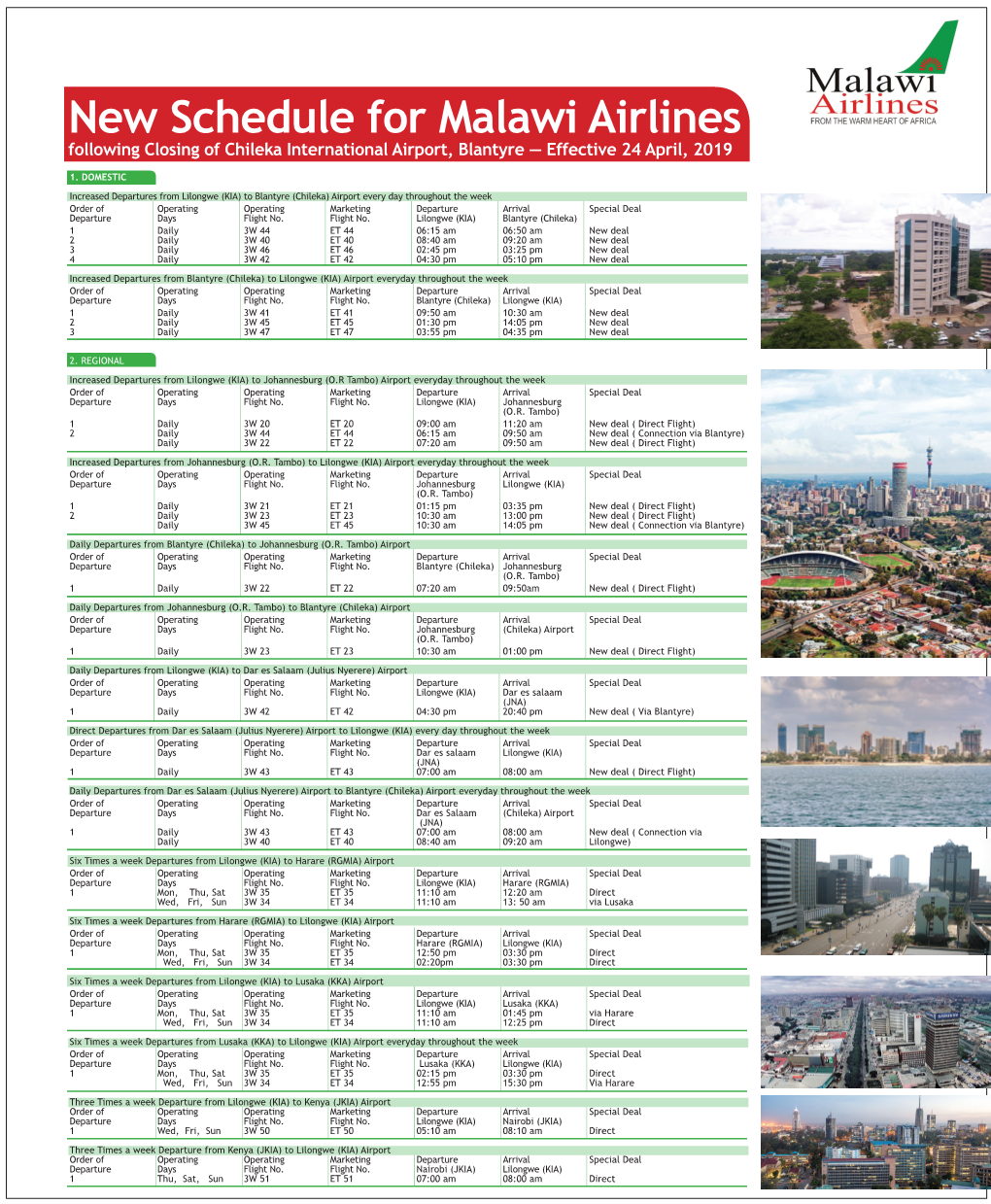 New Schedule for Malawi Airlines Following Closing of Chileka International Airport, Blantyre — Effective 24 April, 2019