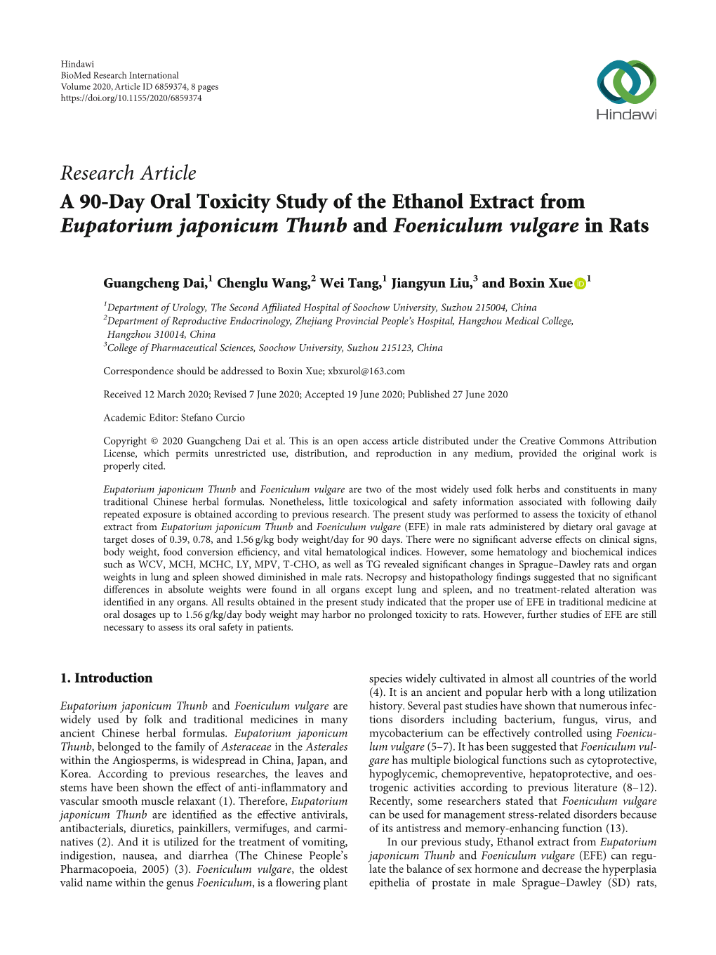 A 90-Day Oral Toxicity Study of the Ethanol Extract from Eupatorium Japonicum Thunb and Foeniculum Vulgare in Rats