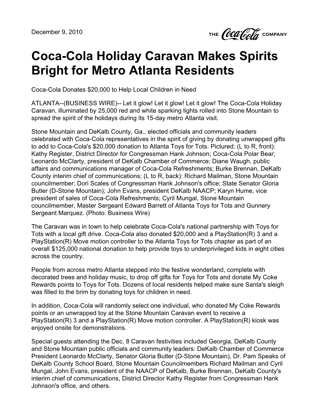 Coca-Cola Holiday Caravan Makes Spirits Bright for Metro Atlanta Residents