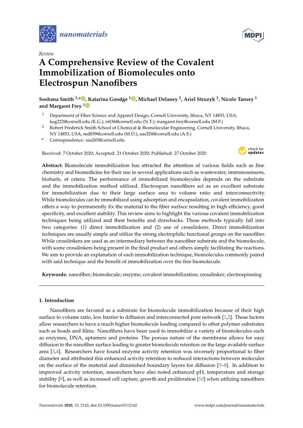 A Comprehensive Review of the Covalent Immobilization of Biomolecules Onto Electrospun Nanoﬁbers