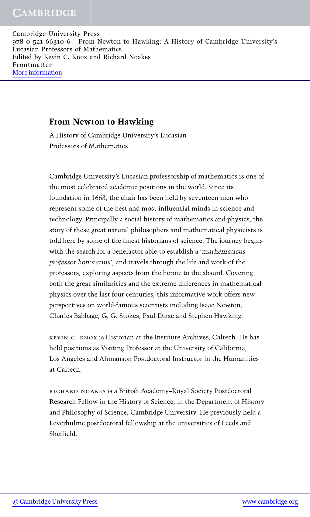 From Newton to Hawking: a History of Cambridge University’S Lucasian Professors of Mathematics Edited by Kevin C