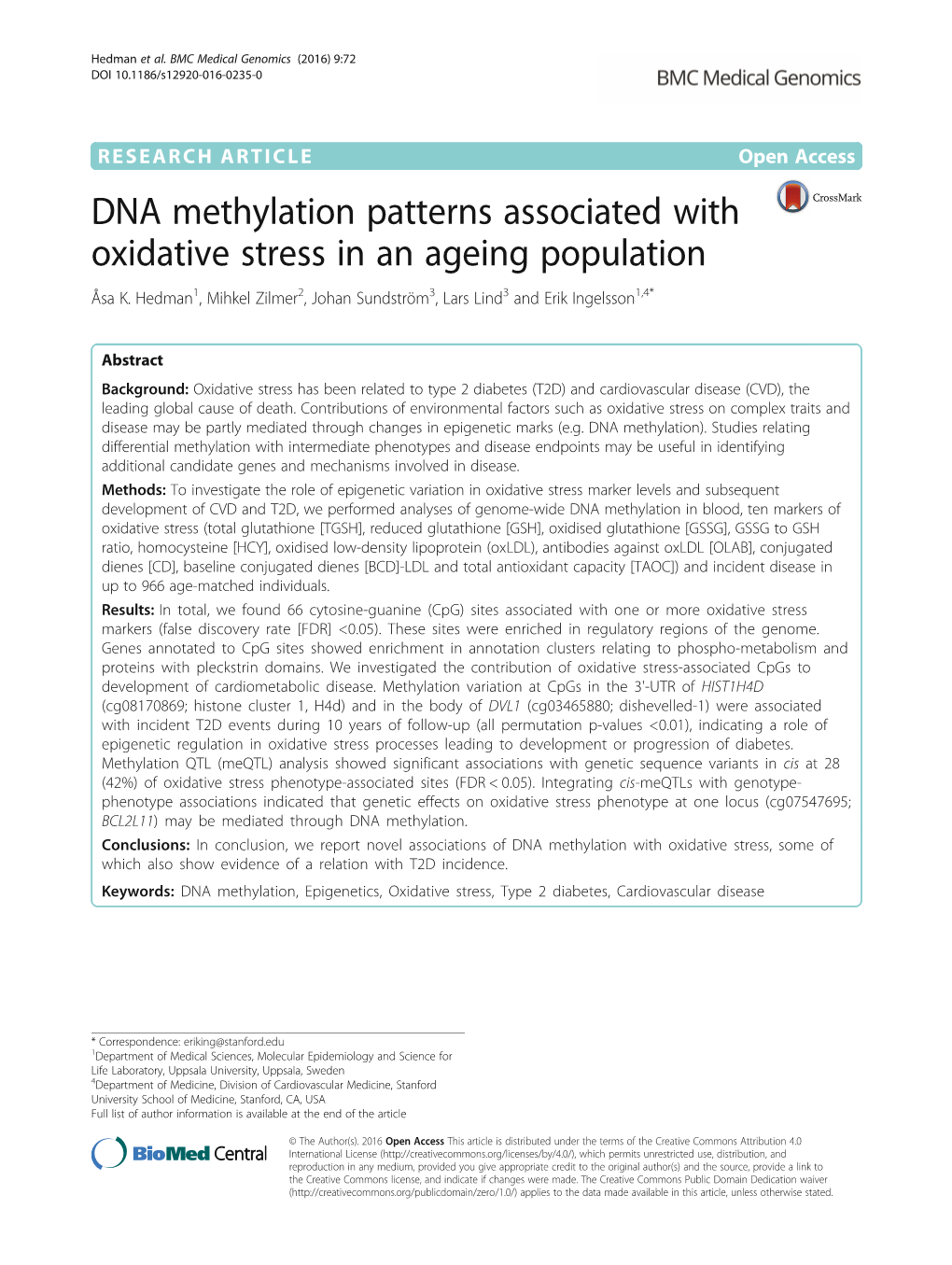 DNA Methylation Patterns Associated with Oxidative Stress in an Ageing Population Åsa K