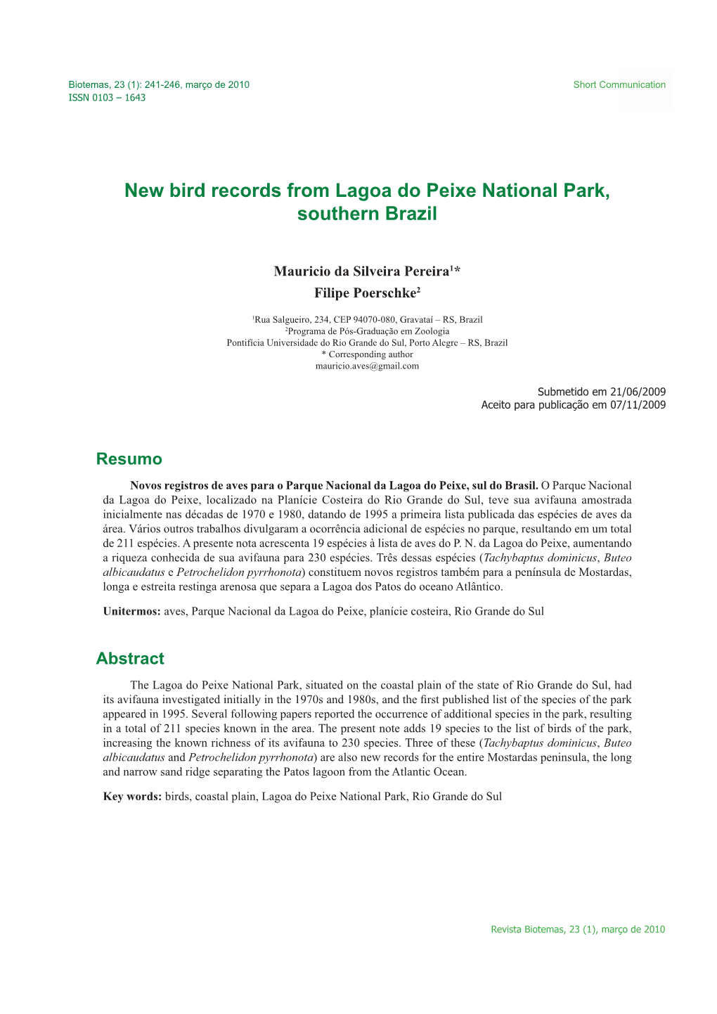 New Bird Records from Lagoa Do Peixe National Park, Southern Brazil
