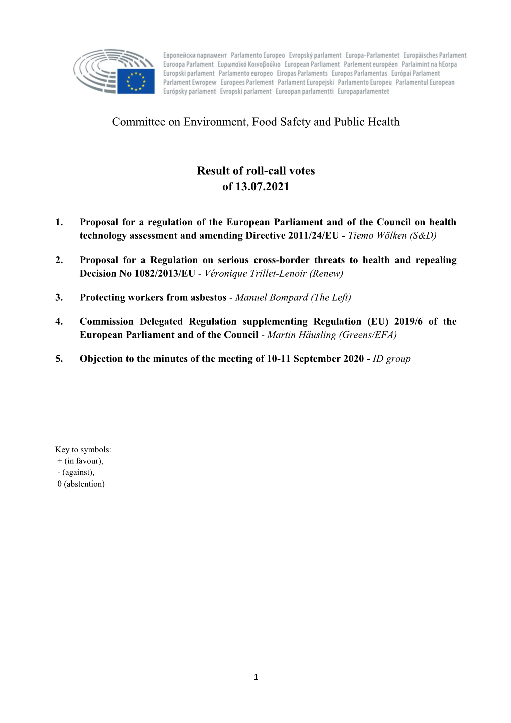 Committee on Environment, Food Safety and Public Health Result Of