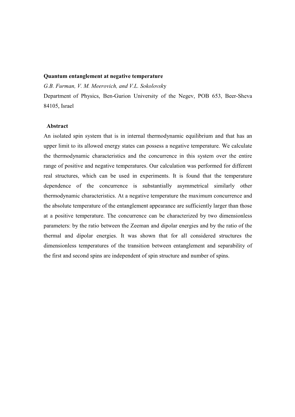 Quantum Entanglement at Negative Temperature G.B. Furman, V. M. Meerovich, and V.L