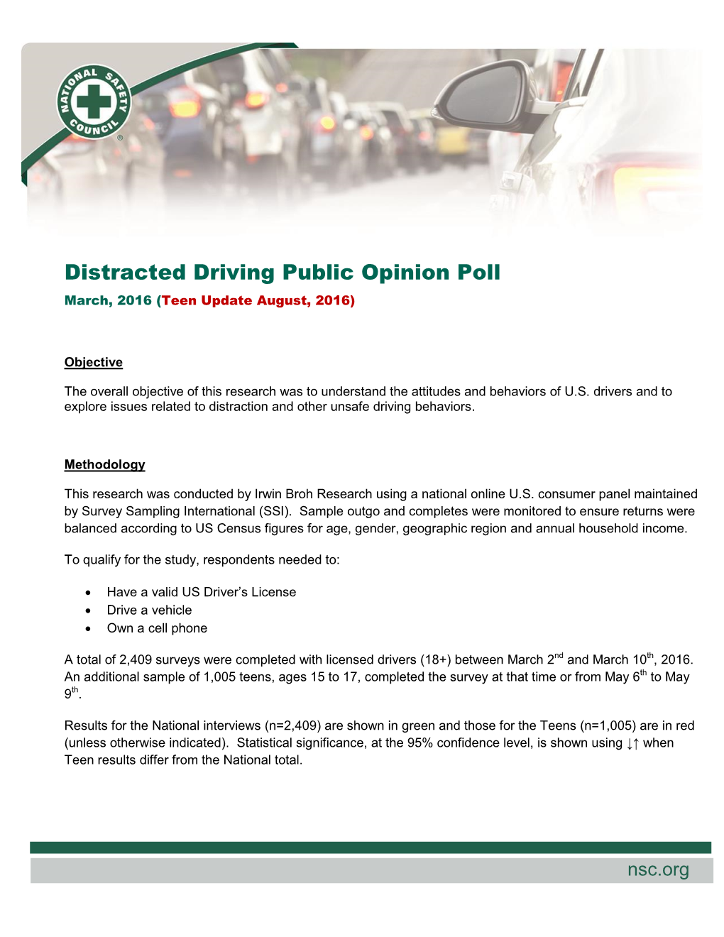 Distracted Driving Public Opinion Poll March, 2016 (Teen Update August, 2016)