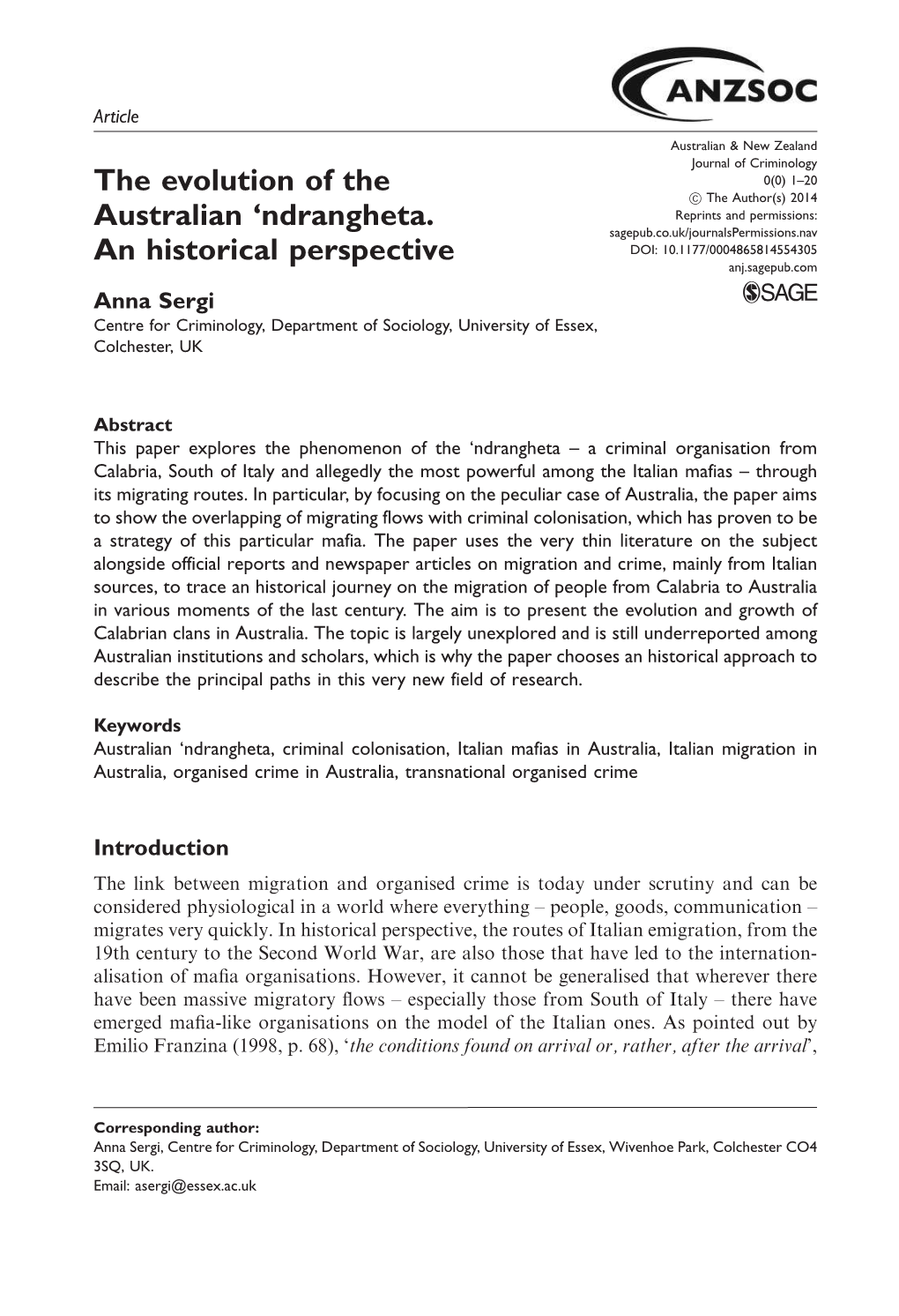 The Evolution of the Australian 'Ndrangheta. an Historical Perspective