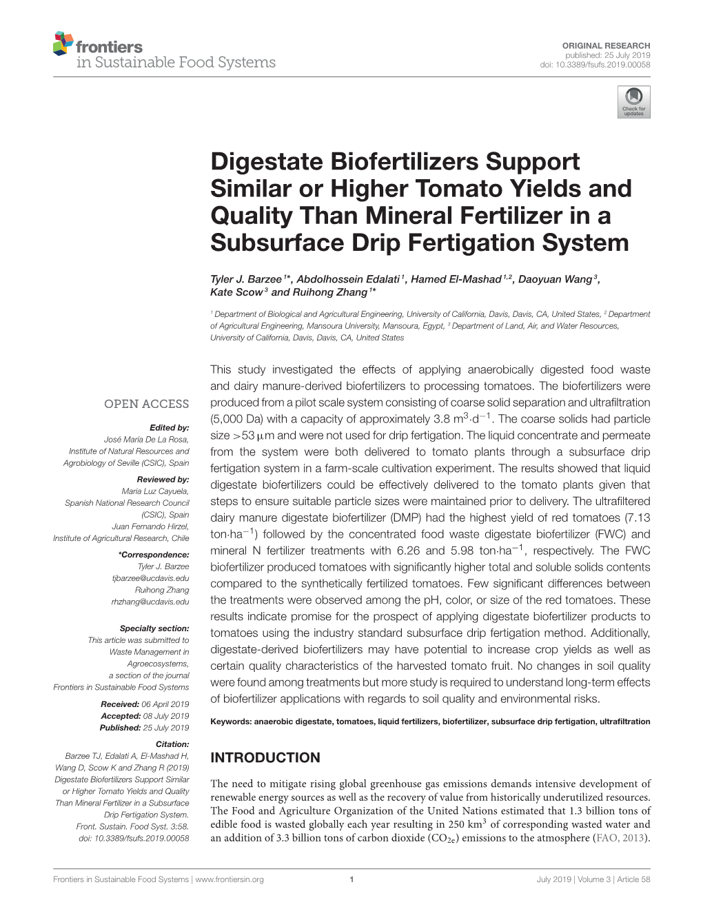 Digestate Biofertilizers Support Similar Or Higher Tomato Yields and Quality Than Mineral Fertilizer in a Subsurface Drip Fertigation System