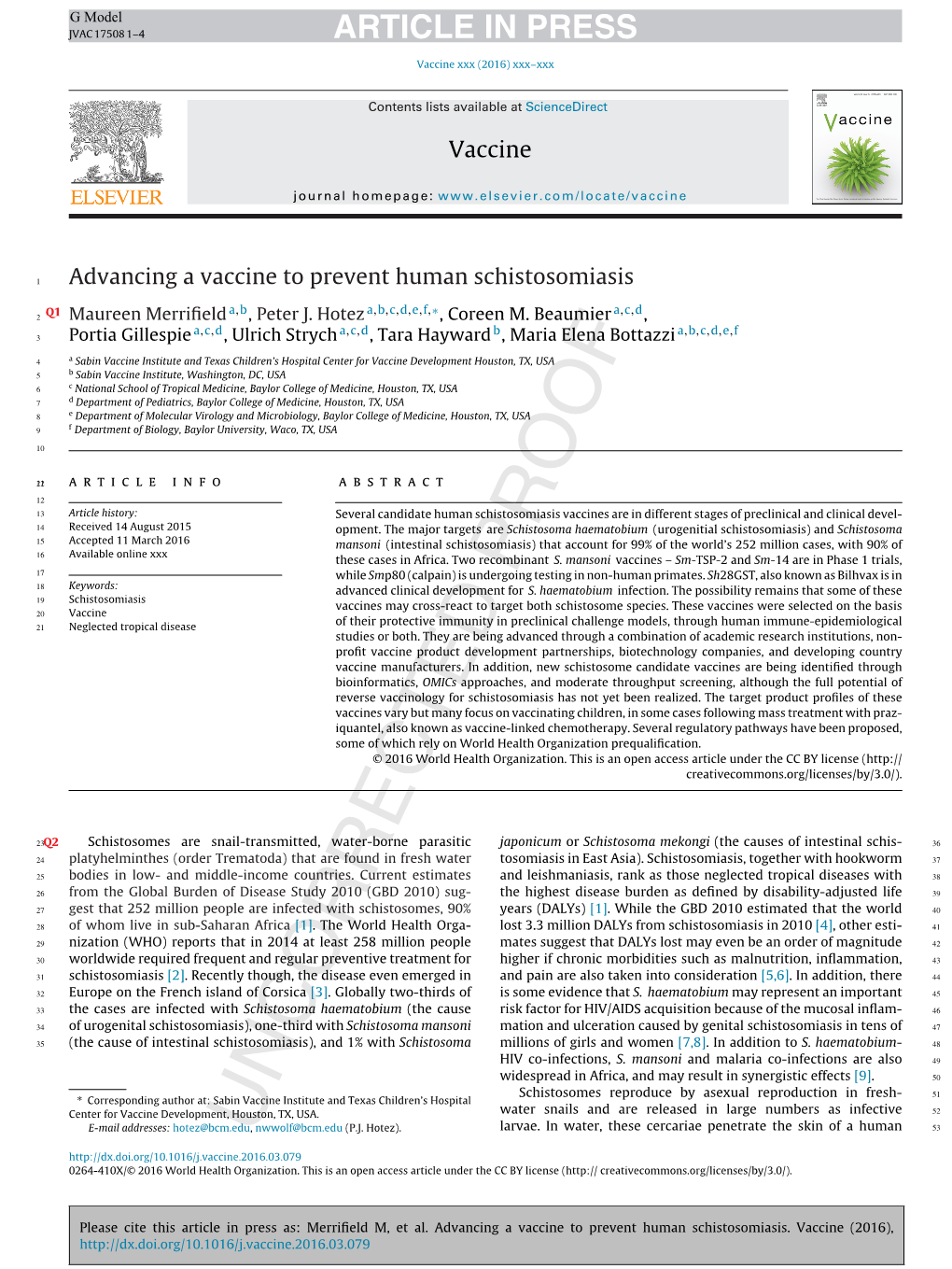 Advancing a Vaccine to Prevent Human Schistosomiasis