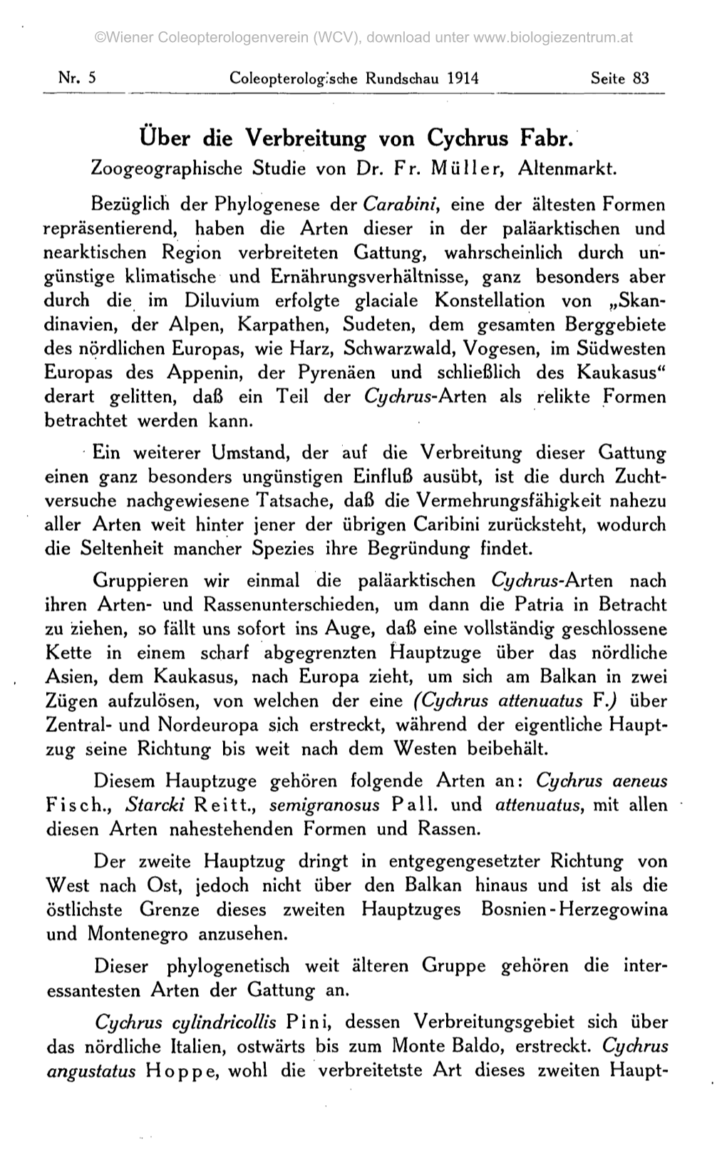 Über Die Verbreitung Von Cychrus Fabr. Zoogeographische Studie Von Dr