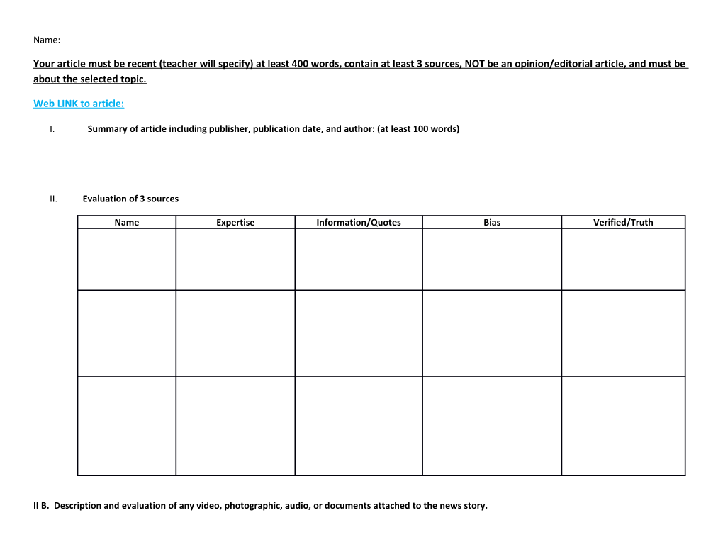 Your Article Must Be Recent (Teacher Will Specify) at Least 400 Words, Contain at Least