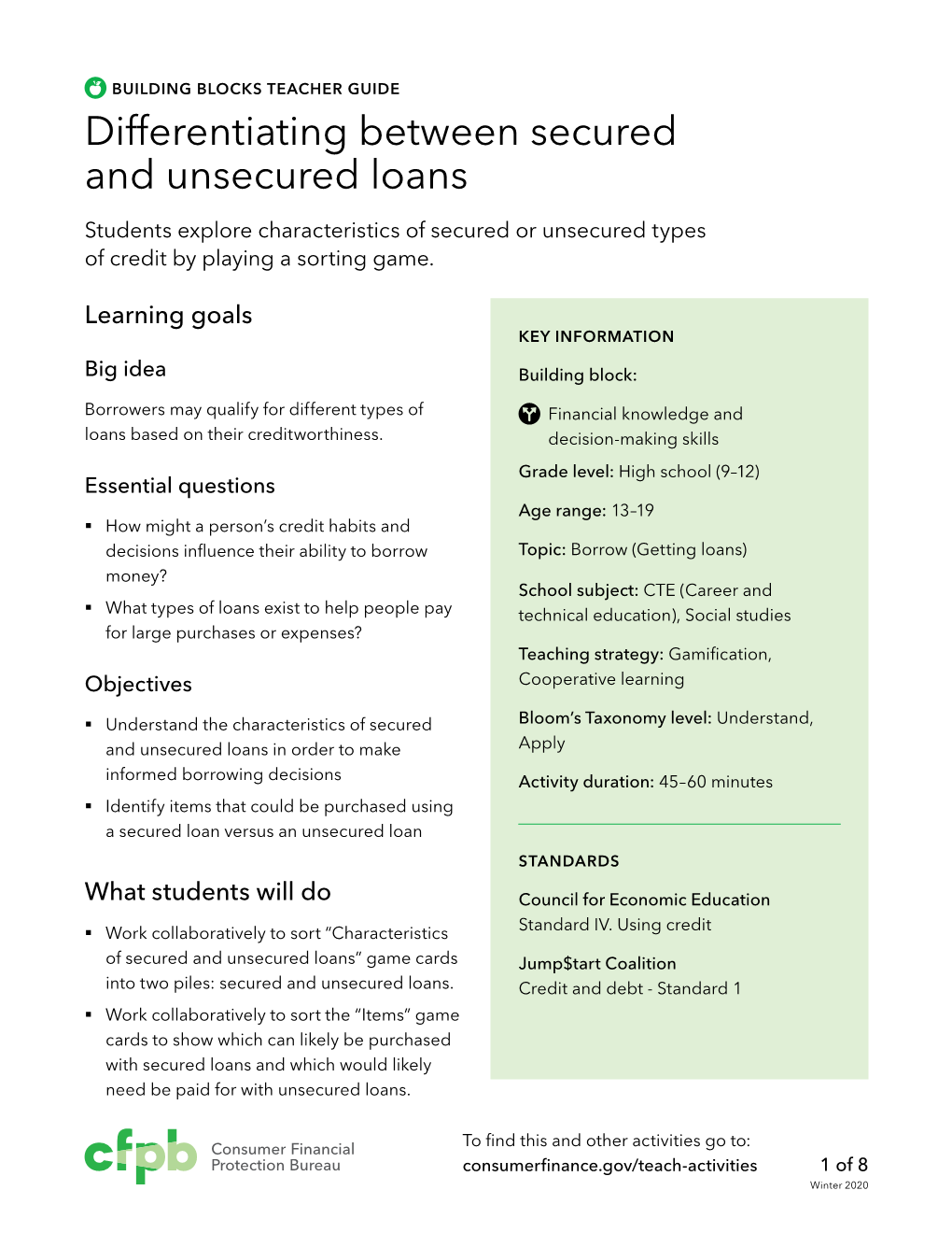 Differentiating Between Secured and Unsecured Loans (Guide) Cfpb Building Block Activities Differentiating-Secured-Unsecured-Loans Guide.Pdf