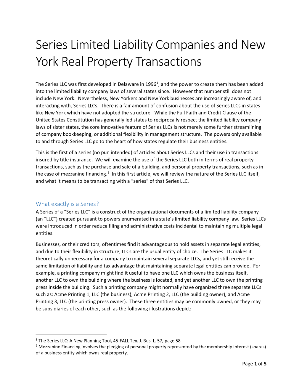 Series Limited Liability Companies and New York Real Property Transactions