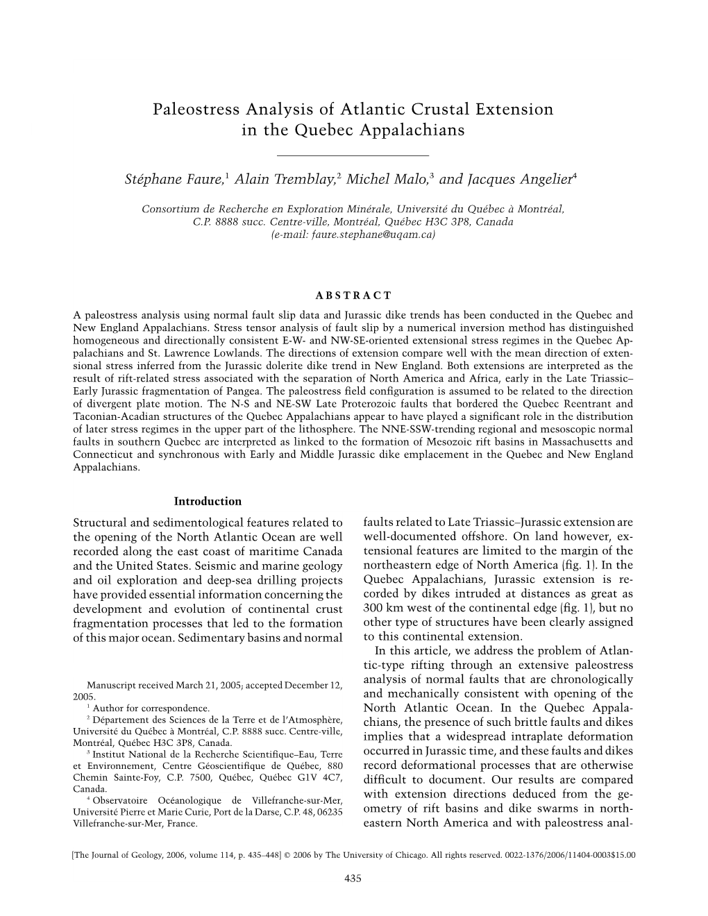 Paleostress Analysis of Atlantic Crustal Extension in the Quebec Appalachians