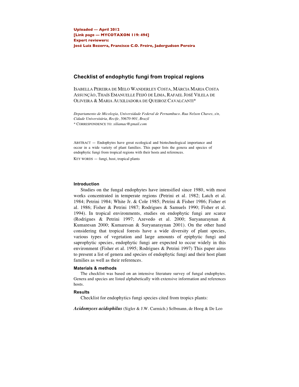 Tropical Fungi on Endophytes