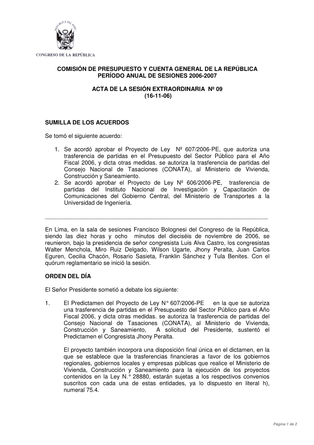 Comisión De Presupuesto Y Cuenta General De La República Período Anual De Sesiones 2006-2007