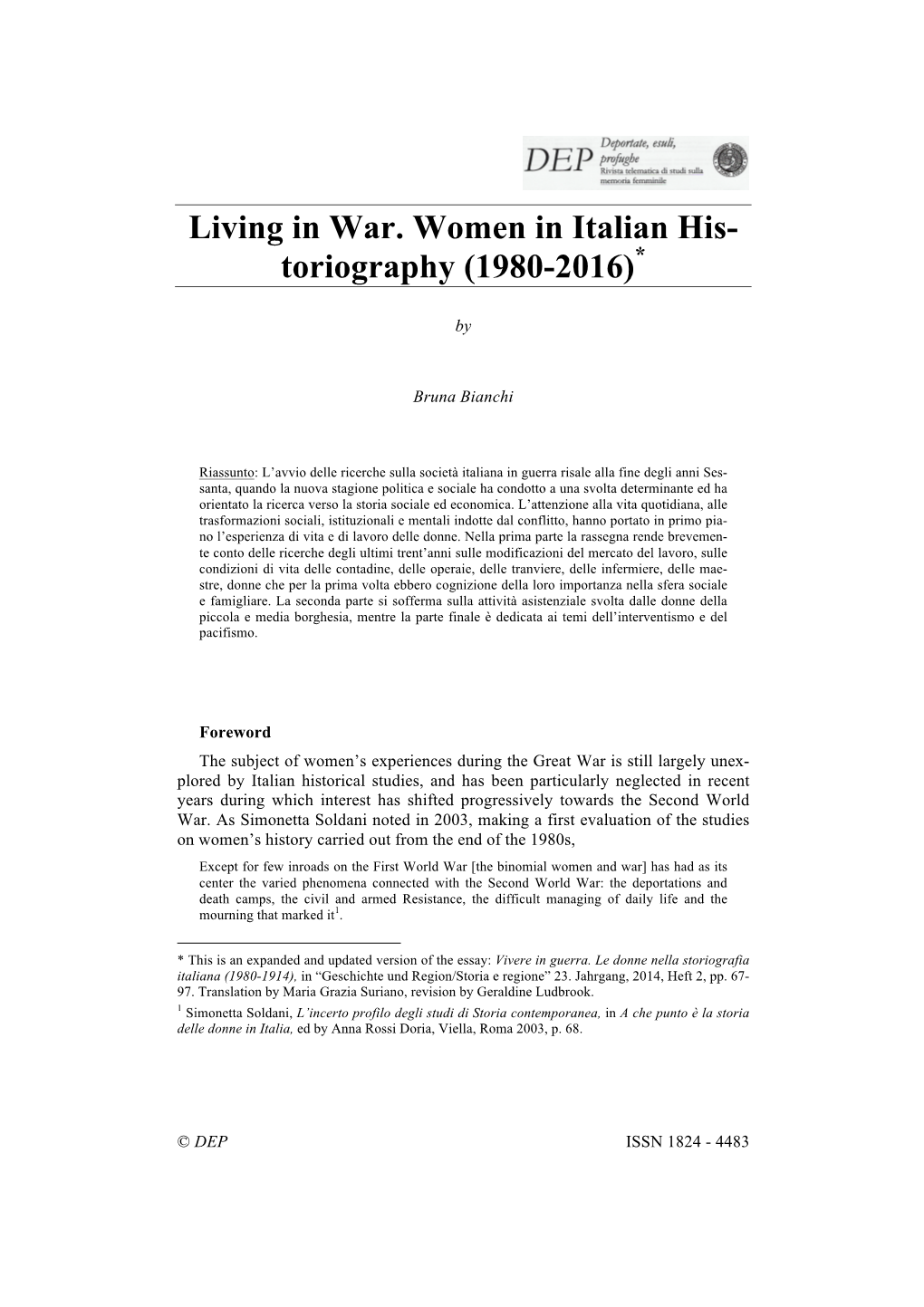 Living in War. Women in Italian His- Toriography (1980-2016)*