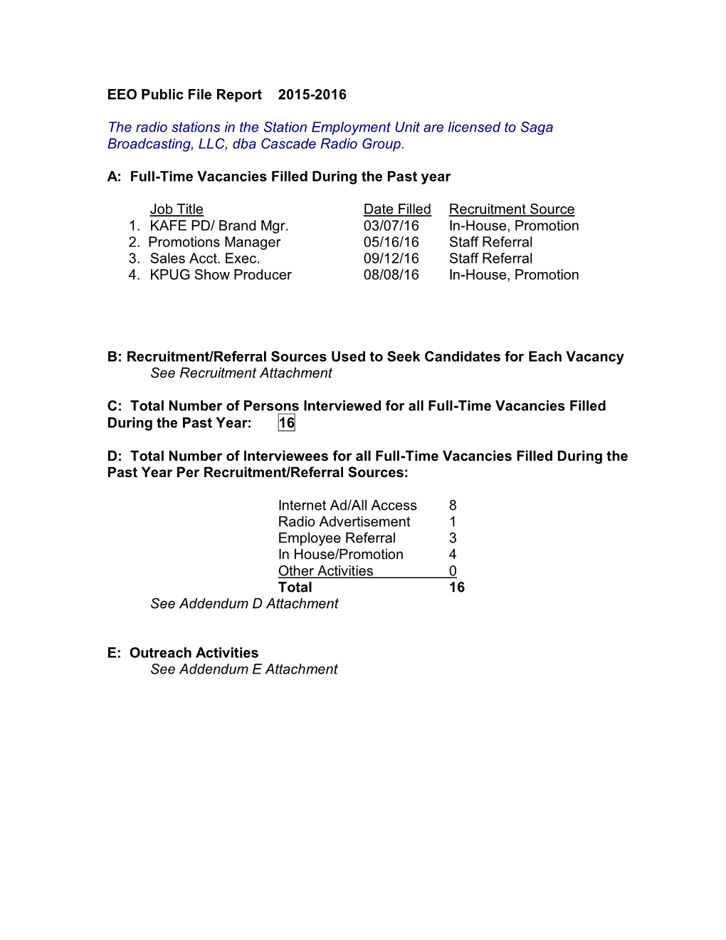 EEO Public File Report 2015-2016 the Radio Stations in The