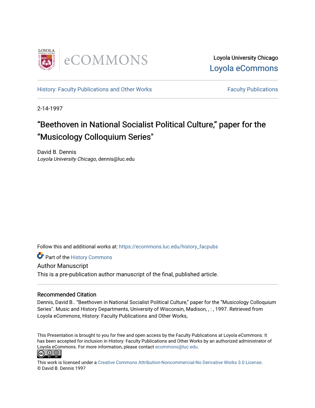 Beethoven in National Socialist Political Culture,” Paper for the “Musicology Colloquium Series