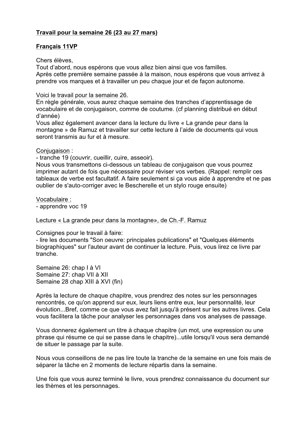 Travail Pour La Semaine 26 (23 Au 27 Mars) Français 11VP Chers Élèves, Tout D'abord, Nous Espérons Que Vous Allez Bien