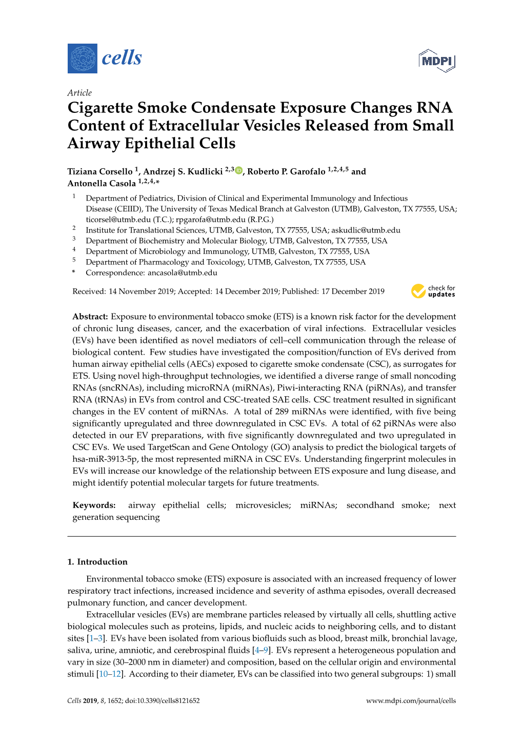 Cigarette Smoke Condensate Exposure Changes RNA Content of Extracellular Vesicles Released from Small Airway Epithelial Cells