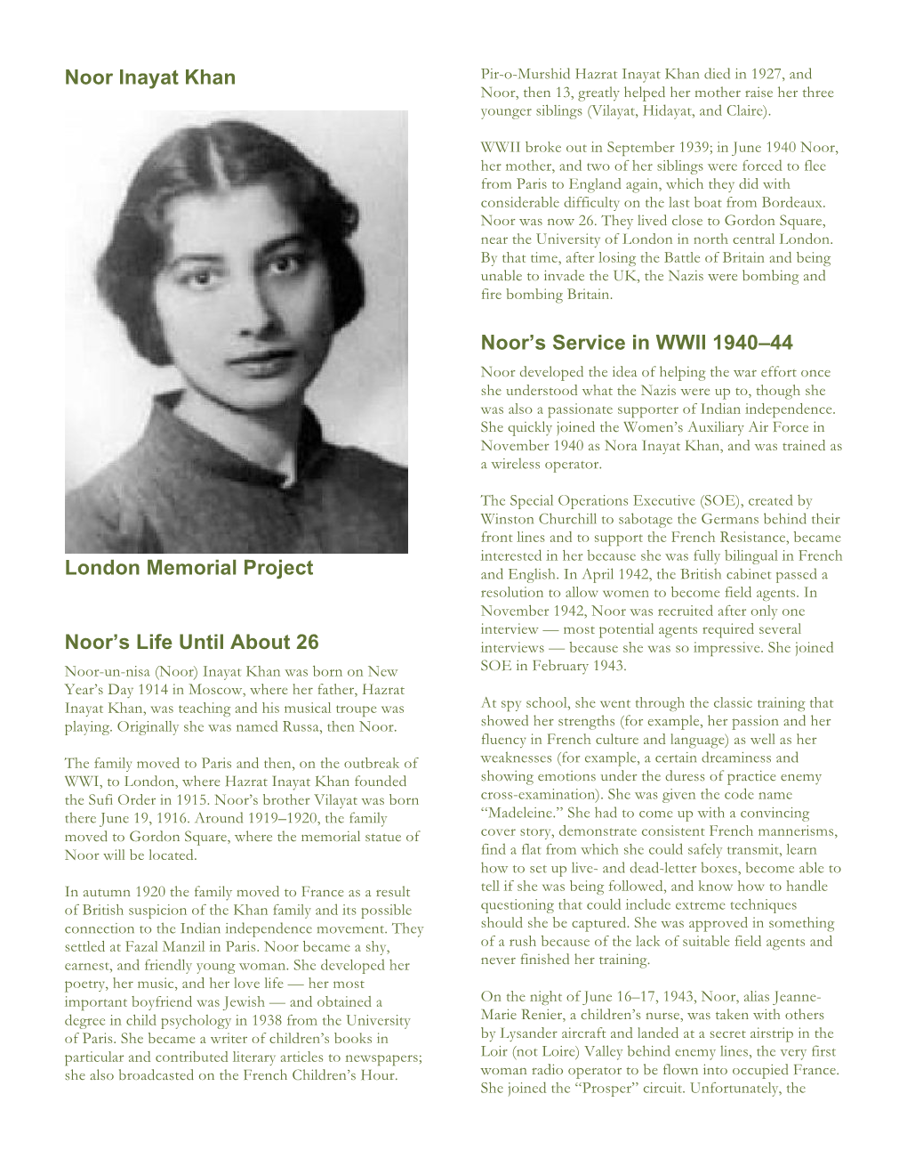 Noor Inayat Khan London Memorial Project Noor's Life Until About 26