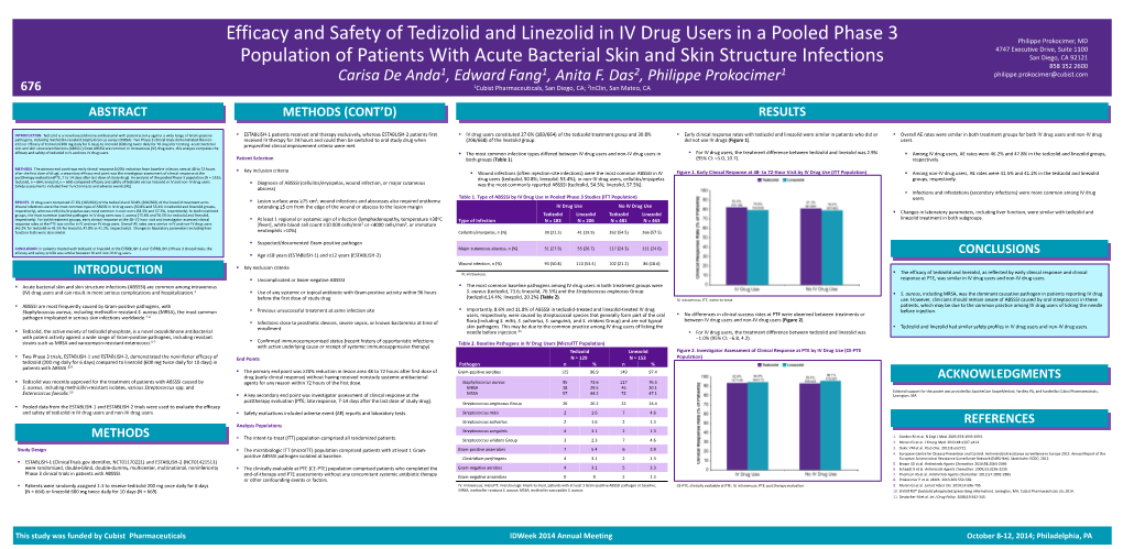 Efficacy and Safety of Tedizolid and Linezolid in IV Drug Users in a Pooled Phase 3 Population of Patients with Acute Bacterial Skin and Skin Structure Infections